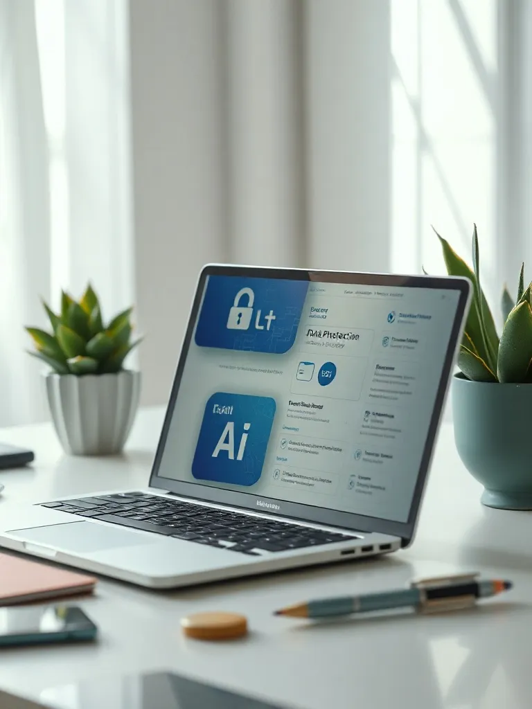 A professional workspace with a clean laptop showing abstrac