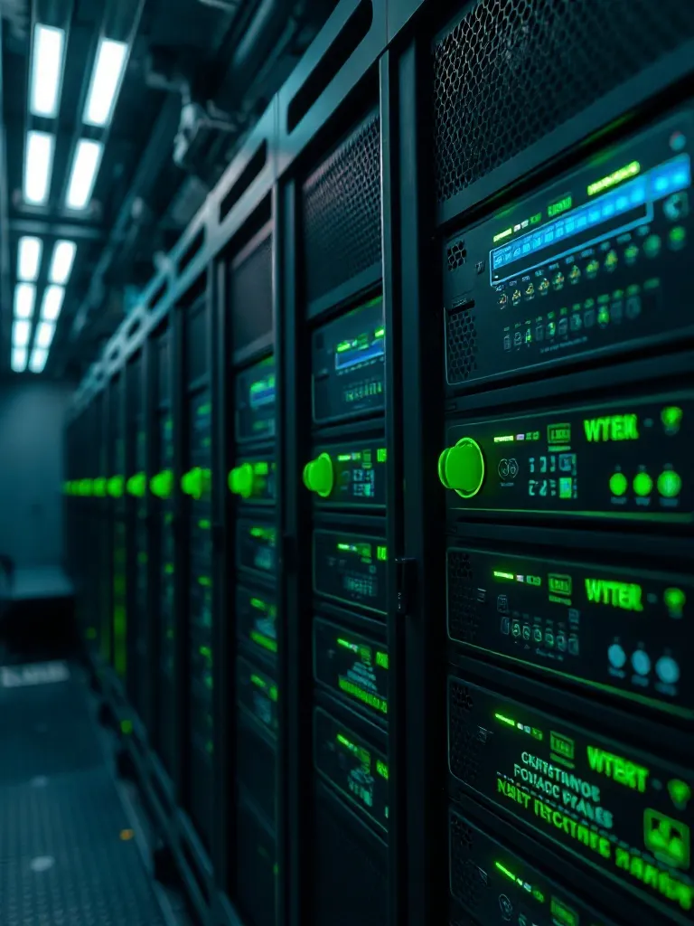 Close-up of a high-tech server room with glowing green and b