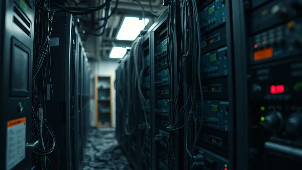Close-up of old computer servers and messy cables in a dimly