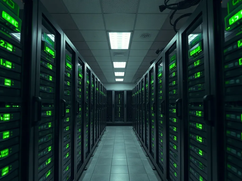 A professional server room with green status lights, clean a